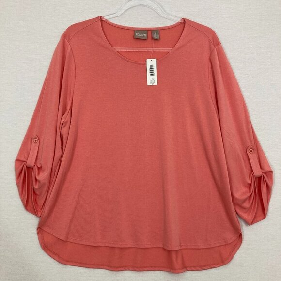 New Chico's Pink Salmon Round Neck Stretch Rolled Tab Pullover Blouse Large/2 - Picture 1 of 10
